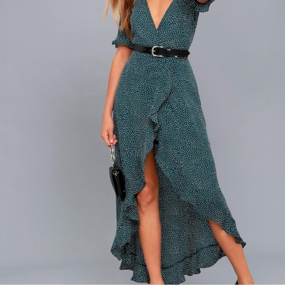 Lulu’s Mystified Forest Green Polka Dot High-Low Wrap Dress